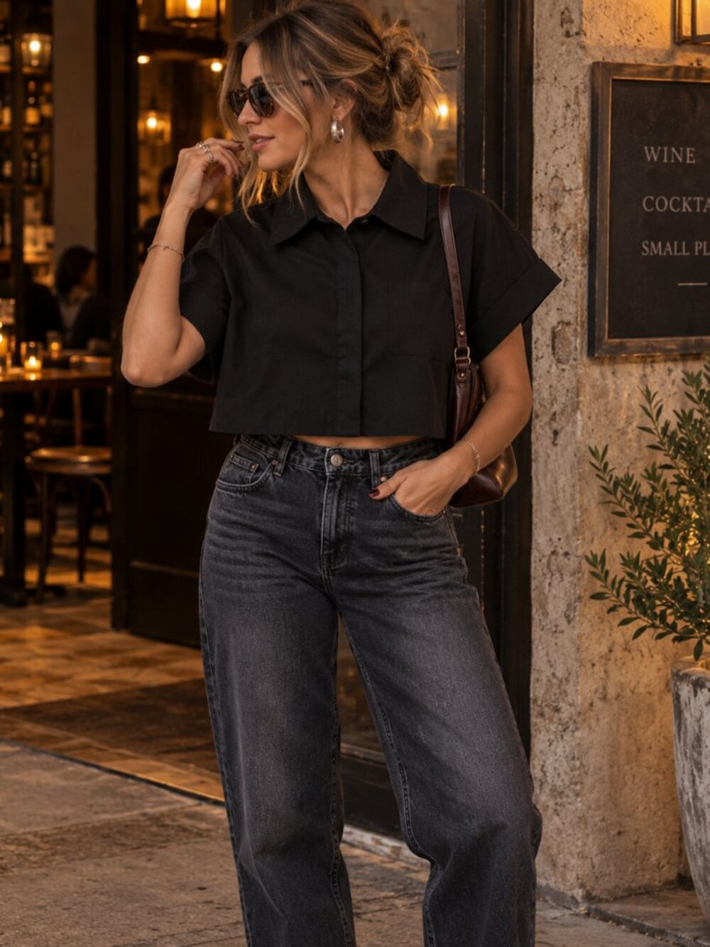 Zara Black Cotton Cropped Shirt | Boxy Button Down Casual Going Out | M NWT